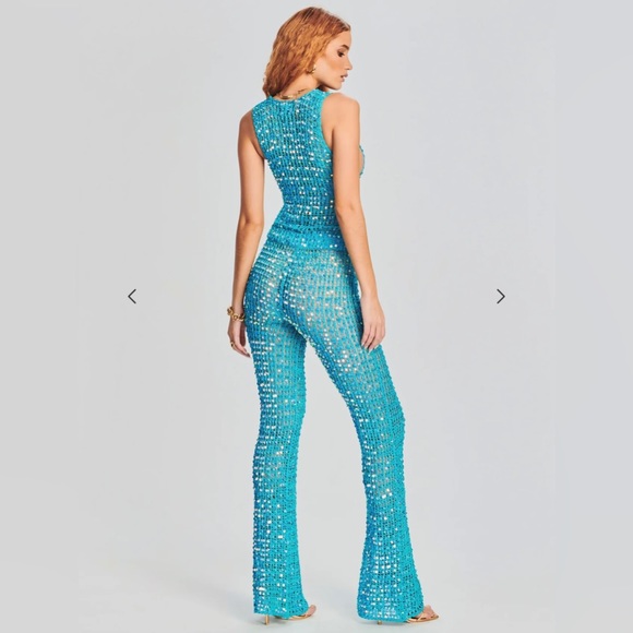 Retrofete Pants & Jumpsuits Retrofete Nirvana Sequin Crochet Jumpsuit Aqua Blue Woven Sheer